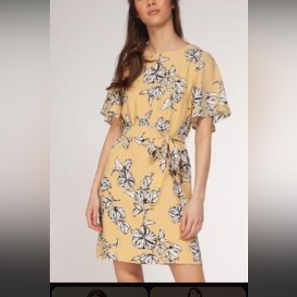 50%offw❤️ H&M Yellow DRESS SIZE 4 FLORAL VERY PRETTY MIDI LENGTH Belt NWOT 👠501